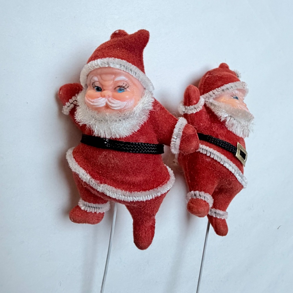 Vintage Flocked Santa Claus Floral Picks Red Tinsel Winking Face Set of 2 Retro